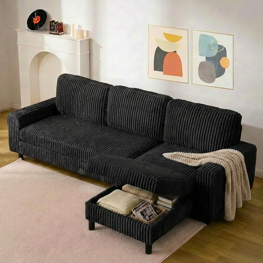 200Cm L Shaped Sofa with Movable Storage Ottoman, Black | 3-Seater Modular Sectional Sofa, Corduroy Couch, Wooden Frame, Deep Seat, Ideal for Living Room