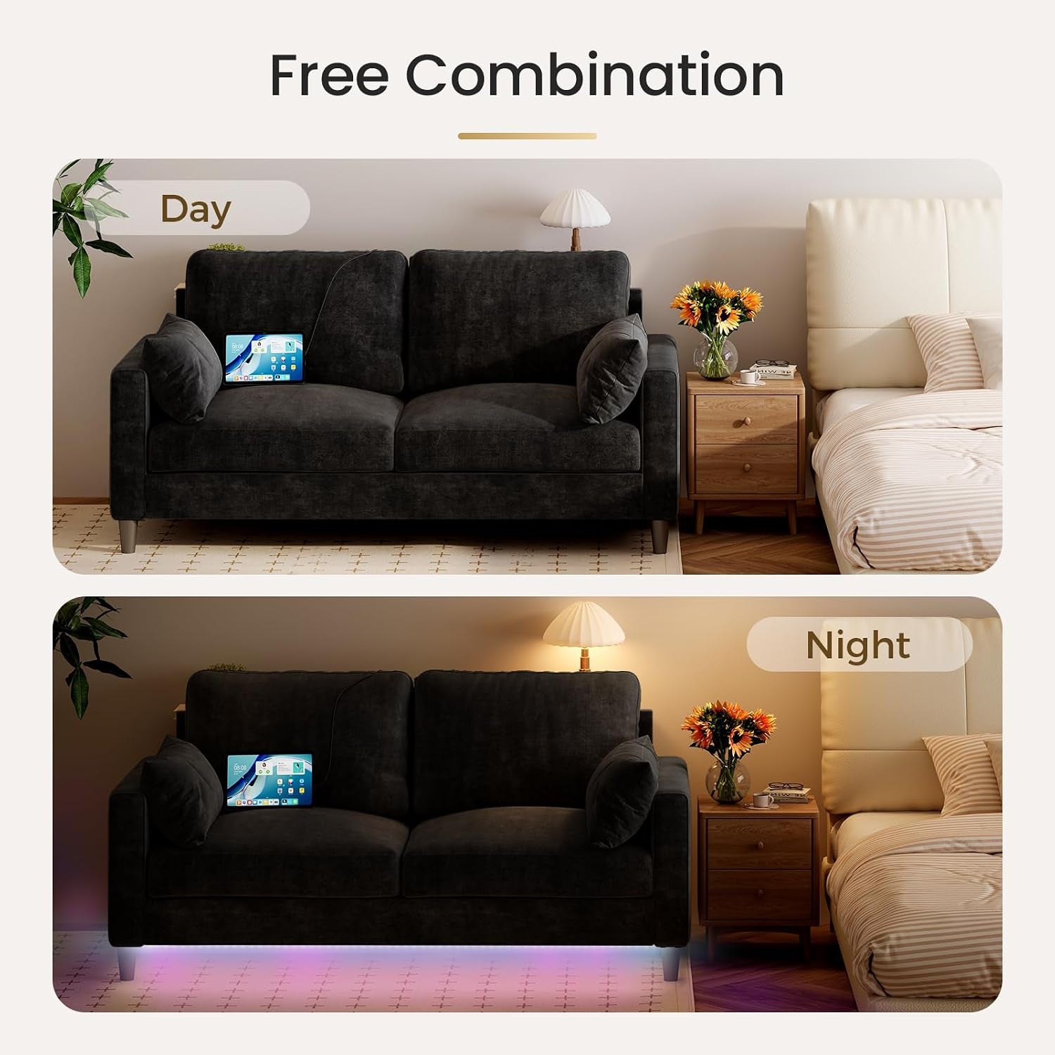 2 Seater Sofa with 2 AC Outlets and 2 USB Ports, Small Couch Loveseat with LED Lights, Chenille Sofas Couches with Console Table for Living Room, Easy Assembly, Black
