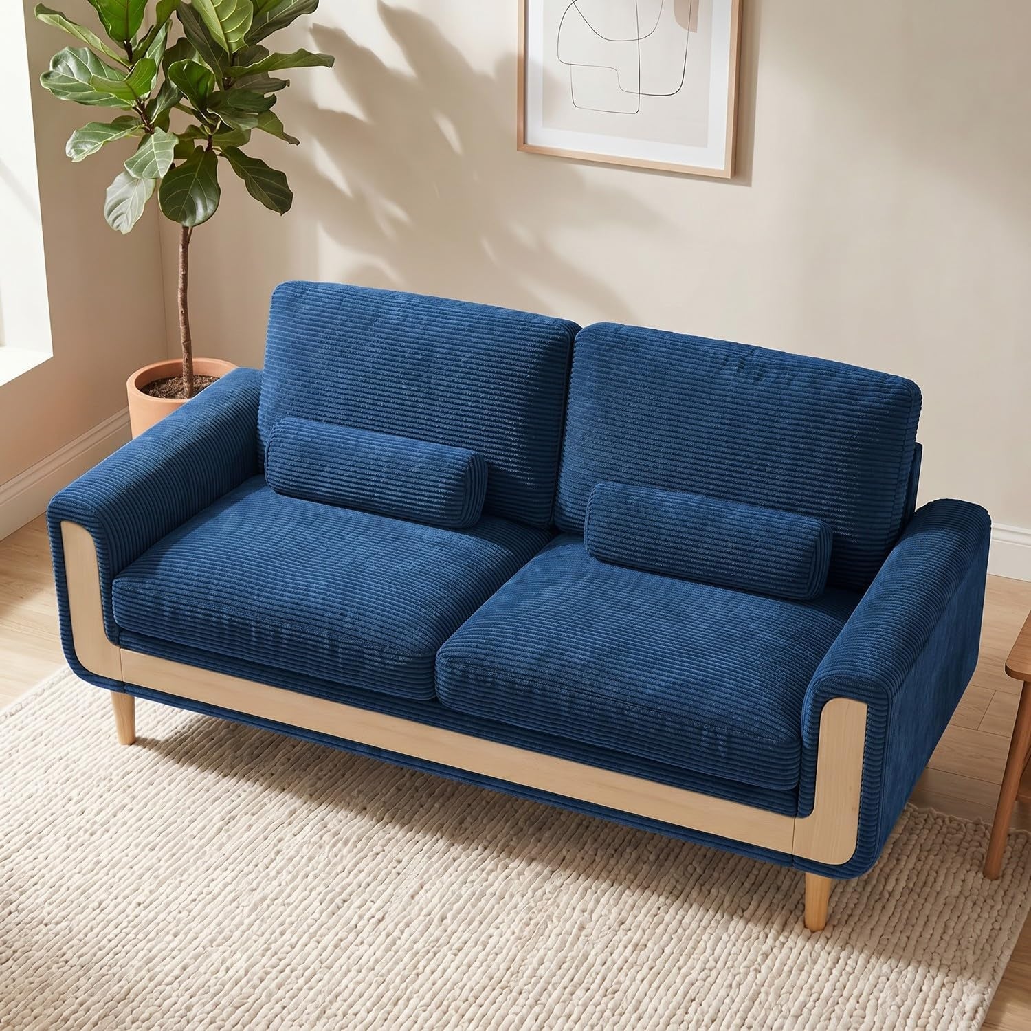 Large 2 Seater Sofa in Corduroy with Bolster Cushions, Blue | 175 Cm Wide, 146 Cm Seat, 51 Cm Seat Depth, 15 Cm High Legs, Solid Wood Frame, Corduroy Upholstery