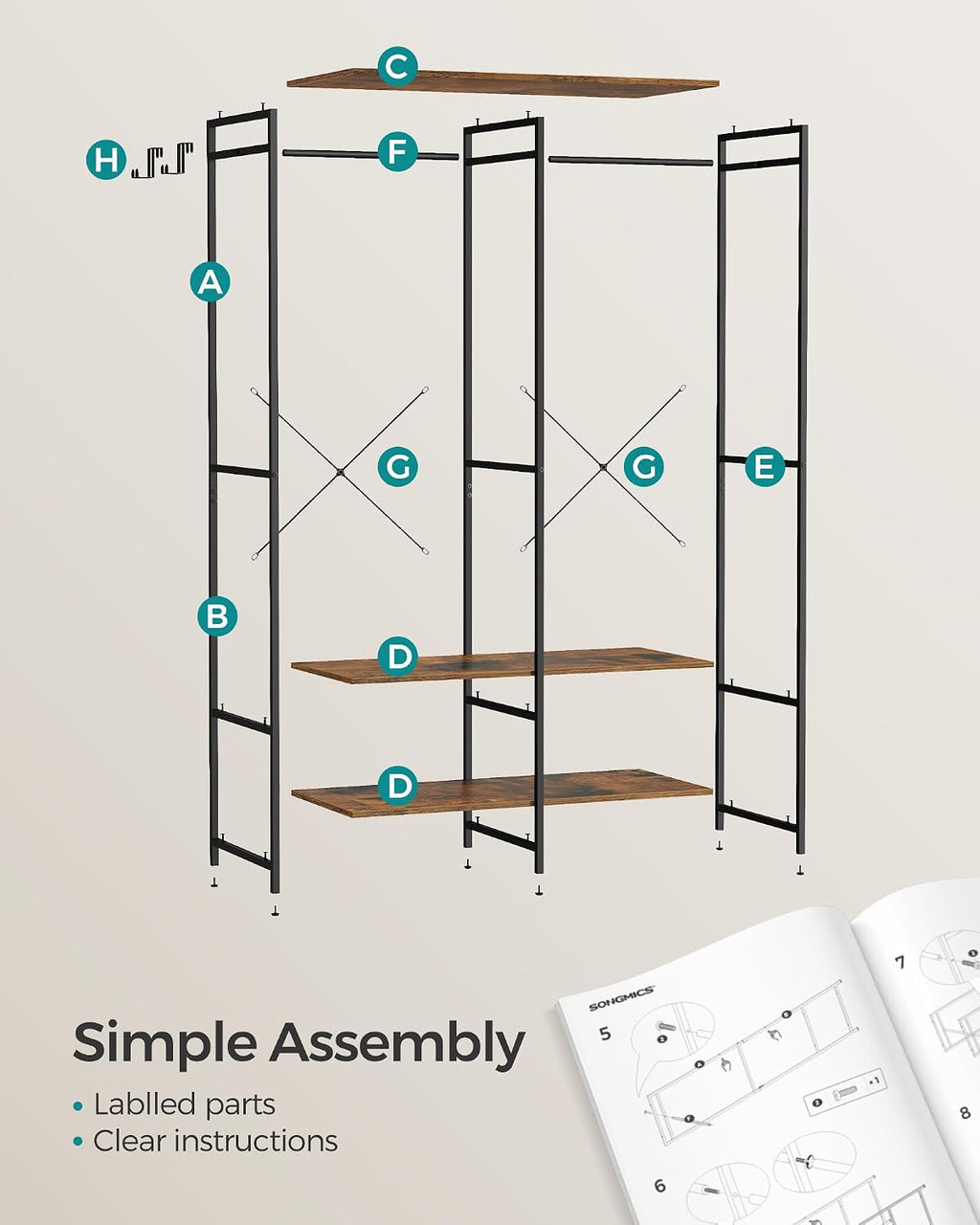 Portable Clothes Wardrobe, Foldable Closet, Clothes Rack Freestanding, Closet Organiser, with Hanging Rods, Storage Shelves, Removable Hooks, 40 X 94.5 X 180 Cm, Rustic Brown RGR004B01