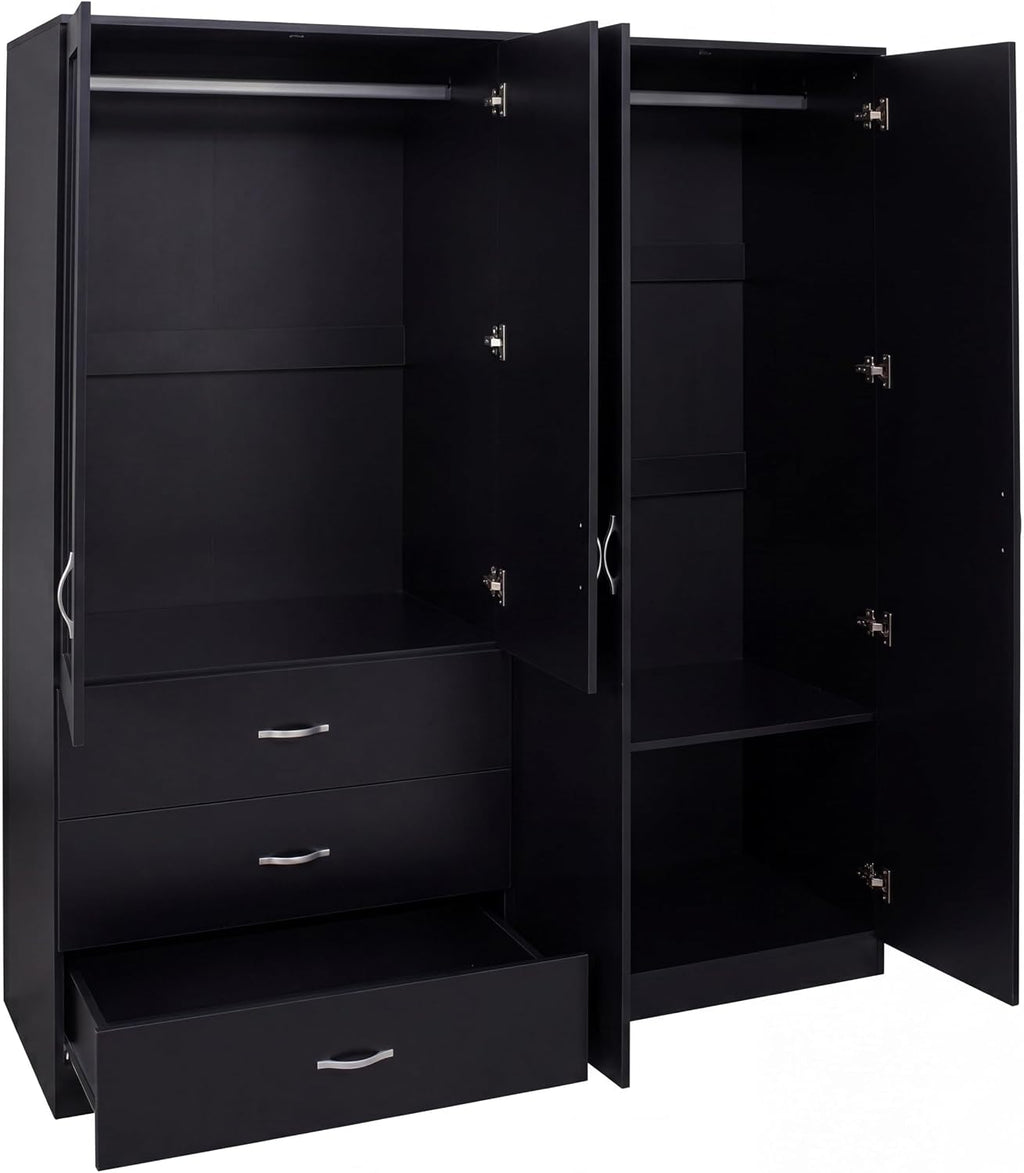Riano 4 Door 3 Drawer Mirrored Wardrobe | Black | Modern Bedroom Furniture | 175H X 154W X 54D Cm | with Storage Shelf & Hanging Rail | Large Capacity Storage