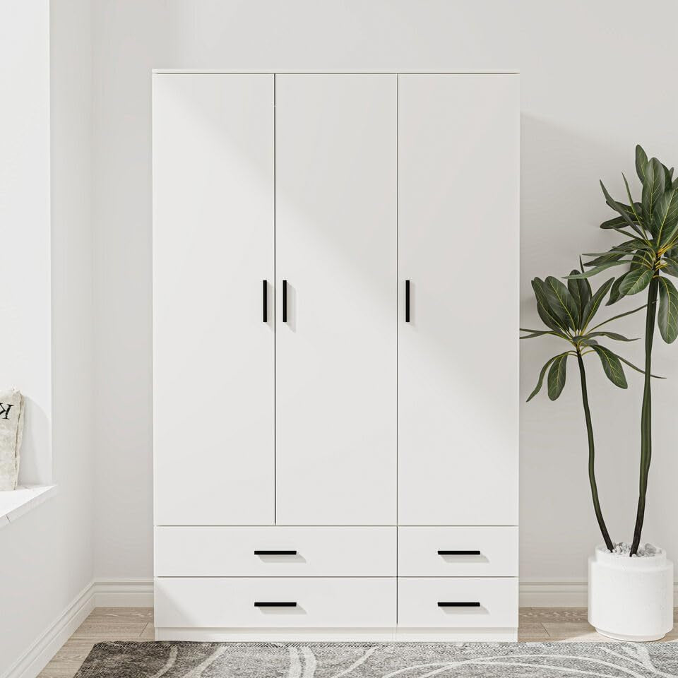 Modern 3 Door 4 Drawer Wardrobe with Hanging Rail, Bedroom Furniture, Storage Shelf Clothes Organiser Stylish Design, Ample Storage Solution (White)
