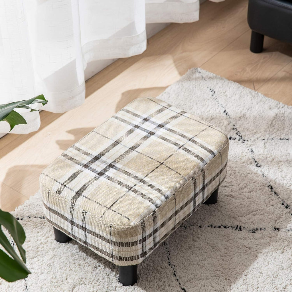 16.54" Small Footstool Linen Fabric Pouf Ottoman Footrest Modern Home Living Room Bedroom Rectangular Stool, with Padded Seat Pine Wood Legs, Stripe URF-BD215-C