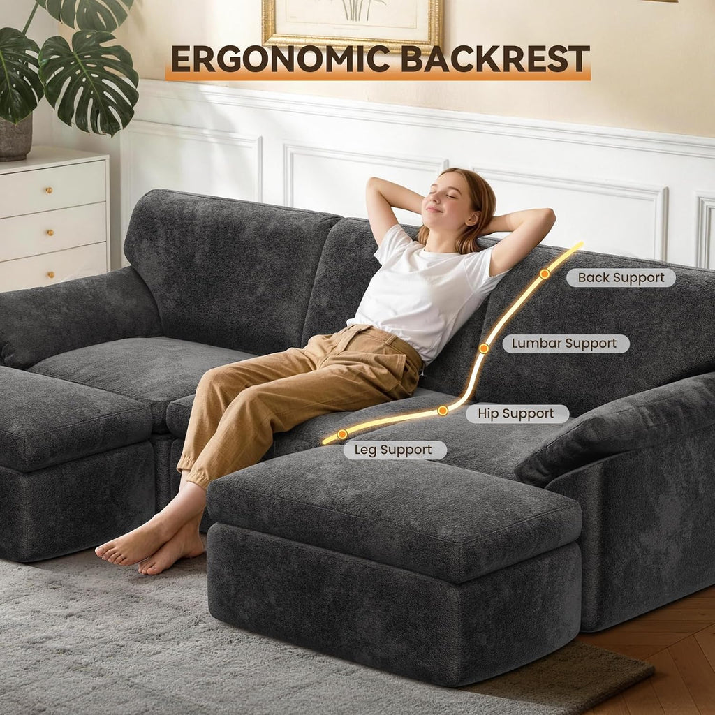Boneless Cloud Sectional Sofa, 240Cm Modular Chenille Couch, Grey | No Assembly Needed, Expands in 72Hrs, 380Gsm Skin-Friendly Chenille Fabric, Perfect for Living Rooms & Apartments