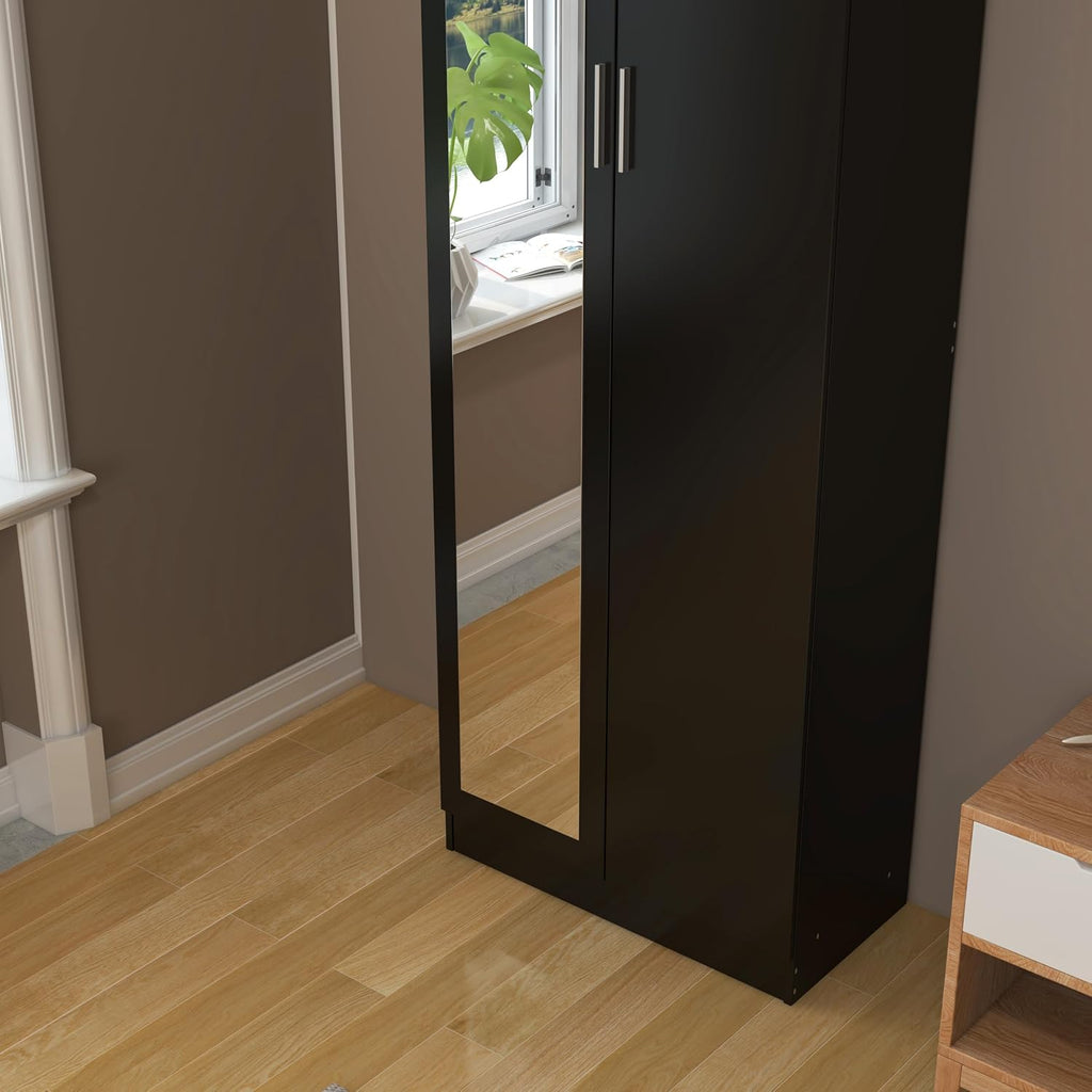 Wooden 2 Door Mirrored Wardrobe with Hanging Rail Modern Clothes Storage Cupboards Unit for Bedroom Furniture W 72 X D 47 X H 170 Cm (Black)