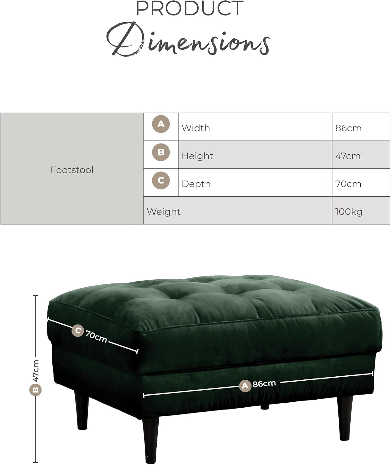 Joni Emerald Green Velvet Footstool - Upholstered Modern Green Fabric Foot Stool with Black Wooden Tapered Legs - Square Stitching - Stylish & Contemporary Living Room Furniture