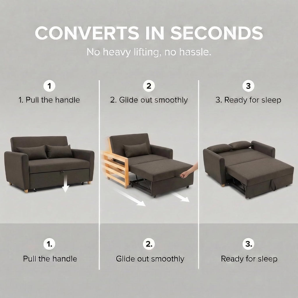 Dark Brown 2 Seater Sofa Bed Double, Pull Out Sofa Bed for Adults, Compact Fabric Sofabed with Fold Flat Mattress | Living Room Guest Bed | 140Cm