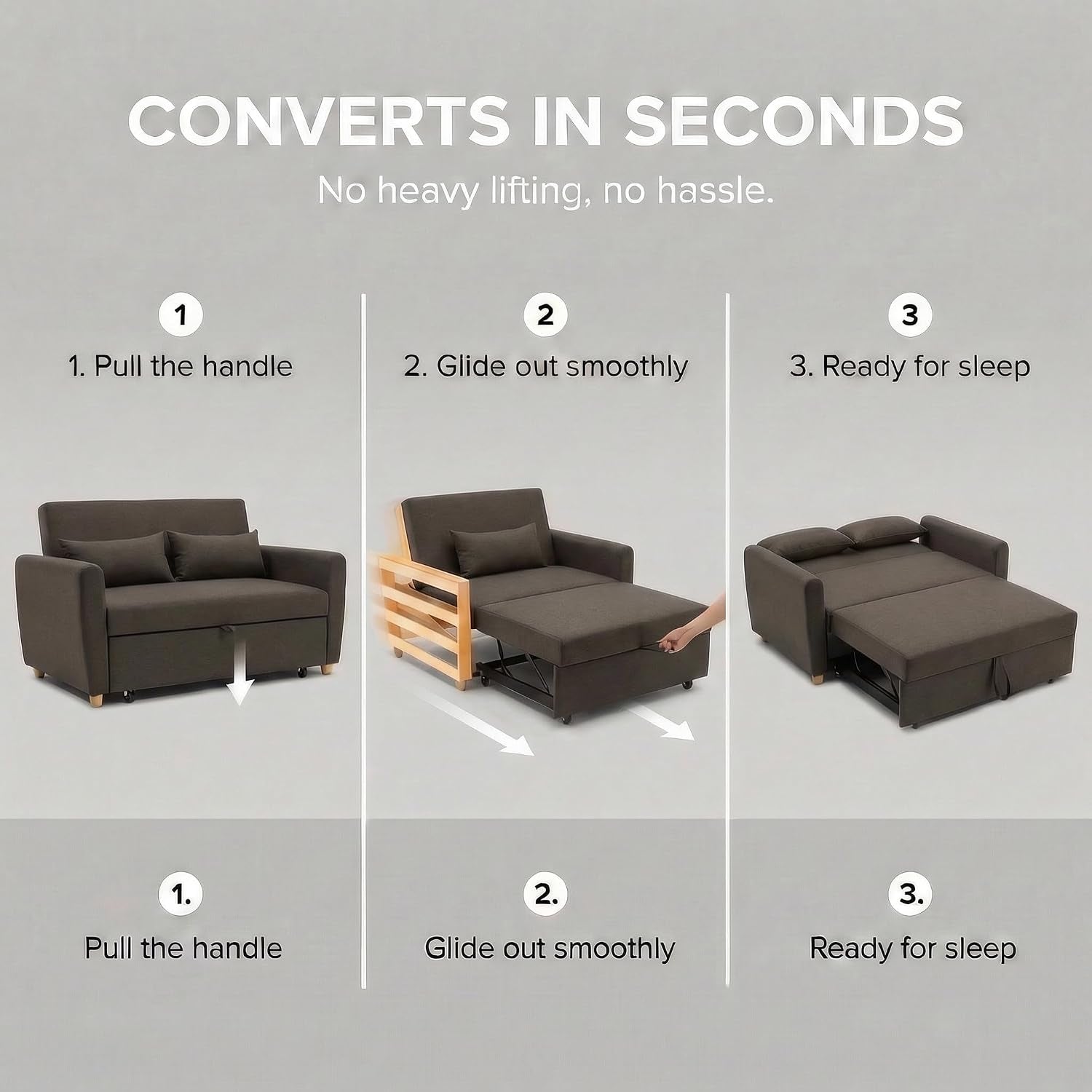Dark Brown 2 Seater Sofa Bed Double, Pull Out Sofa Bed for Adults, Compact Fabric Sofabed with Fold Flat Mattress | Living Room Guest Bed | 140Cm