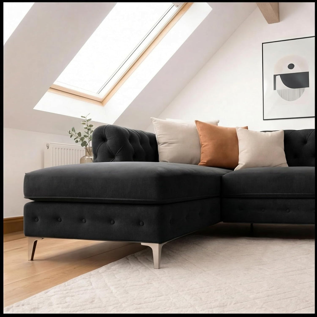 Chesterfield U-Shaped Corner Sofa | Plush Velvet Button Tufted Sofas | Large Double Chaise Sectional Sofa | 4–5 Seater Sofa for Living Room with Scatter Cushions (Black, U Shape Sofa)