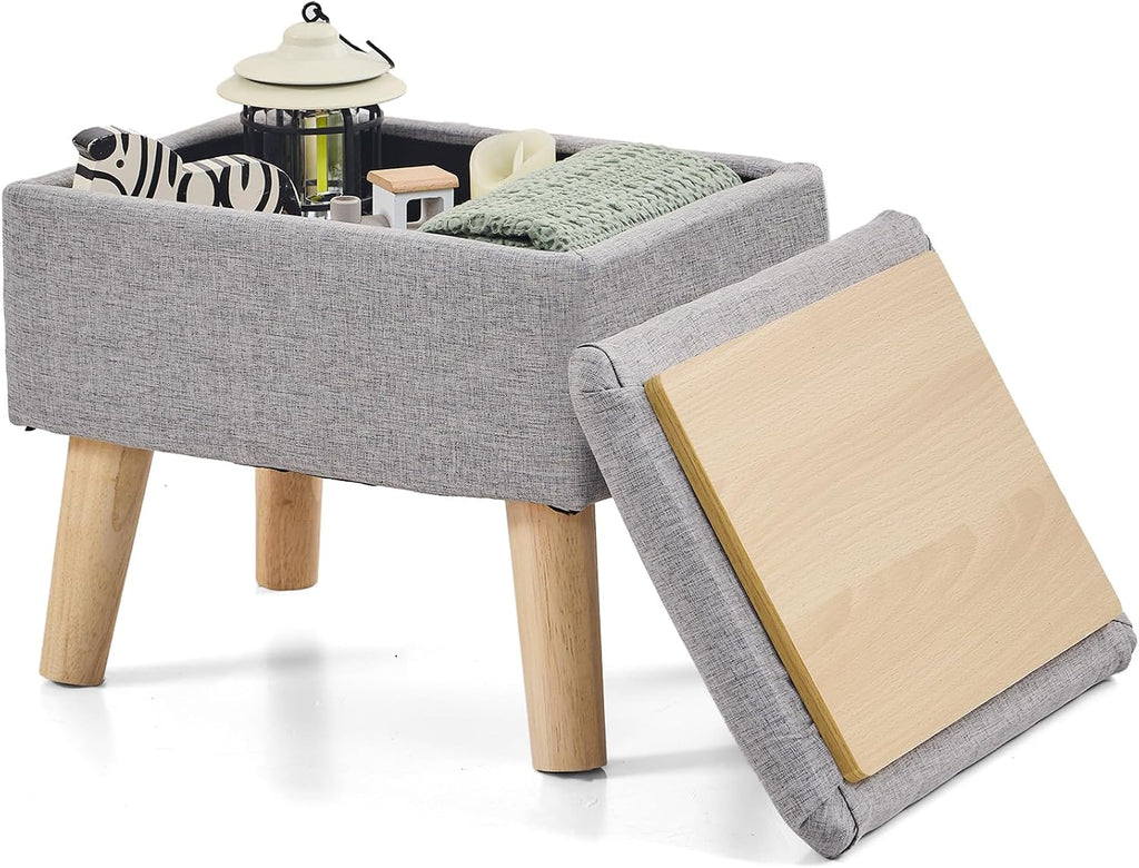 Footstool Ottoman with Storage, Linen Rectangle Storage Ottoman, Foot Stool with Legs Sofa Footrest for Living Room Entryway Office, Gray