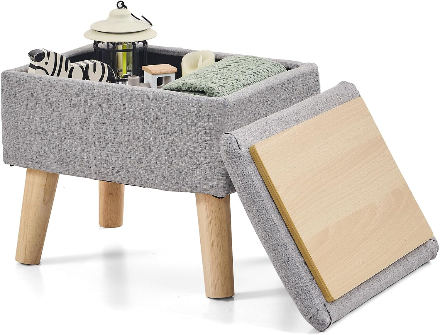 Footstool Ottoman with Storage, Linen Rectangle Storage Ottoman, Foot Stool with Legs Sofa Footrest for Living Room Entryway Office, Gray