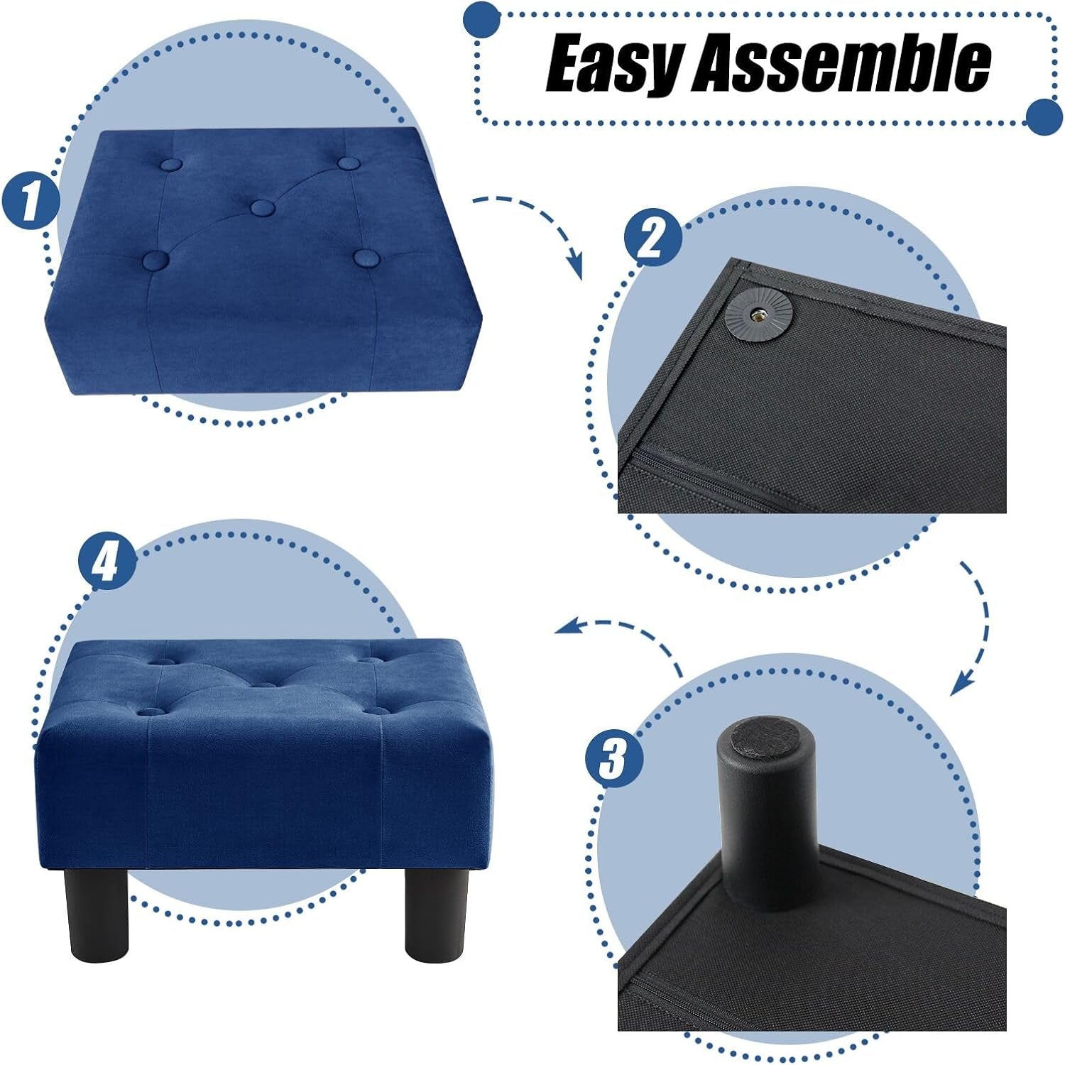 Small Foot Stool, Velvet Footstool with Legs, Footstools for Living Room, Ottoman Footrest Extra Seating for Entryway, Blue