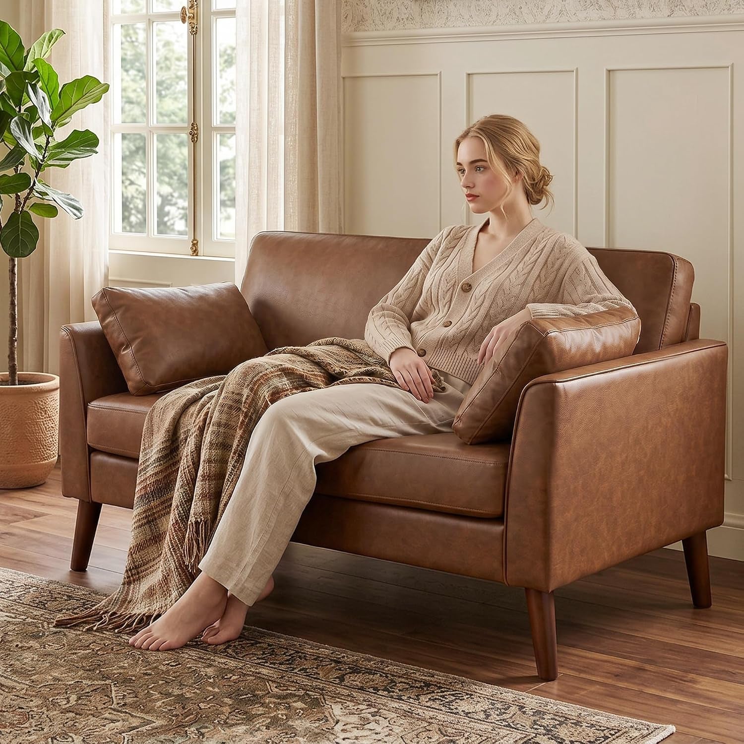 2 Seater Sofa 132 Cm PU Leather Upholstered for Small Space Brown | Modern Small Sofa, Loveseat, Solid Wood Legs, 2 Pillows, Couch Settee, Living Room, Bedroom, Home Office