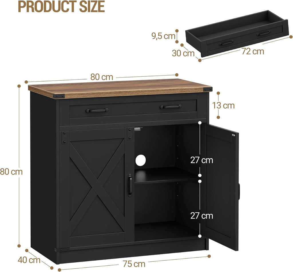 Sideboard, Kitchen Cabinet with Drawer & 2 Doors, 40 X 80 X 80 Cm | Freestanding Kitchen Cupboard with Adjustable Shelf, for Entryway, Living Room, Dining Room, Black, SC84806X
