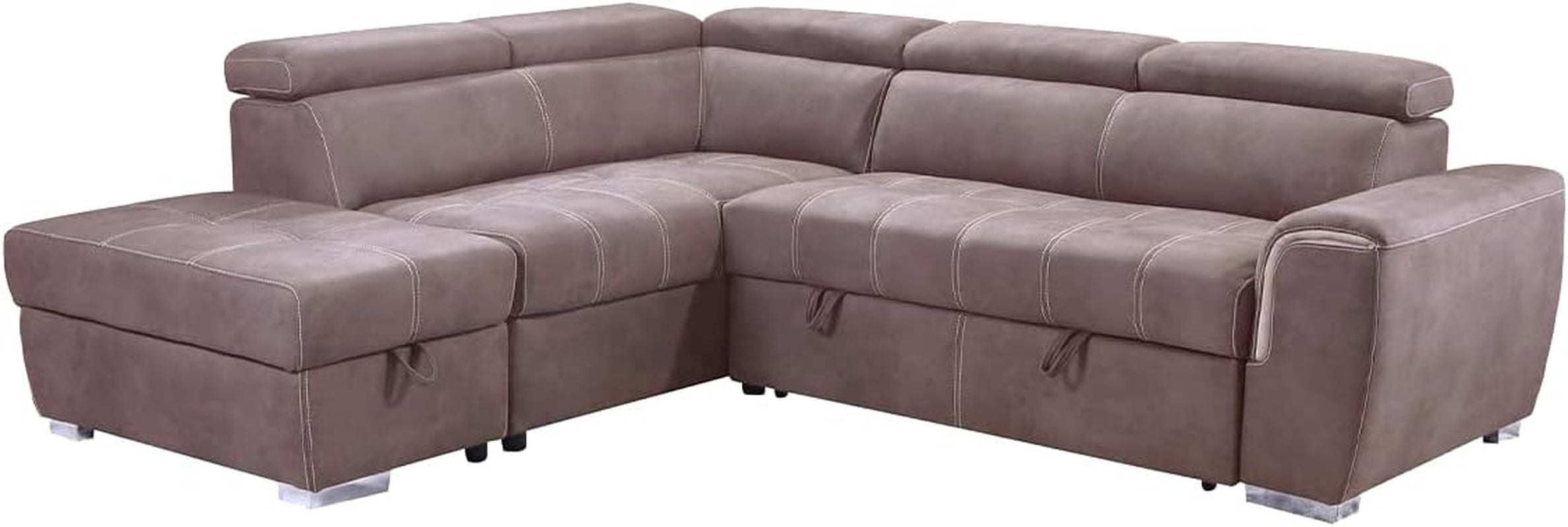 Corner Sofa Bed | Nevada Large Brown L Shaped Suede Mushroom | Tilting Headrest and Storage Ottoman Included (Left Hand Facing + Ottoman)