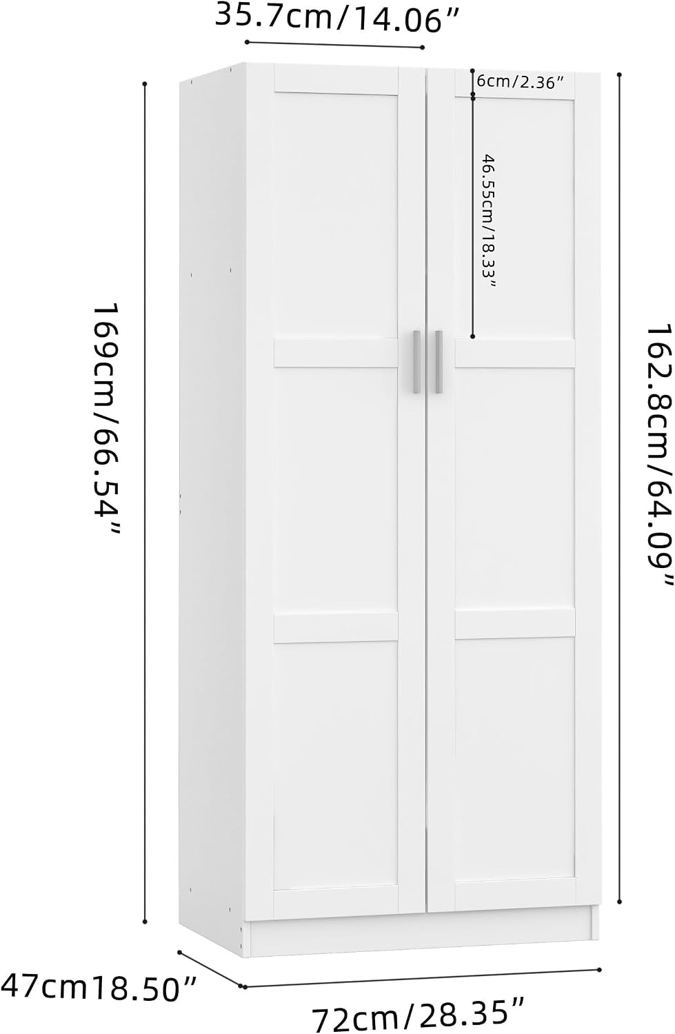 2 Door Wardrobe Double Wardrobe Closet with Storage Shelf & Hanging Rail Bedroom Furniture, 72 X 47 X 169Cm, White