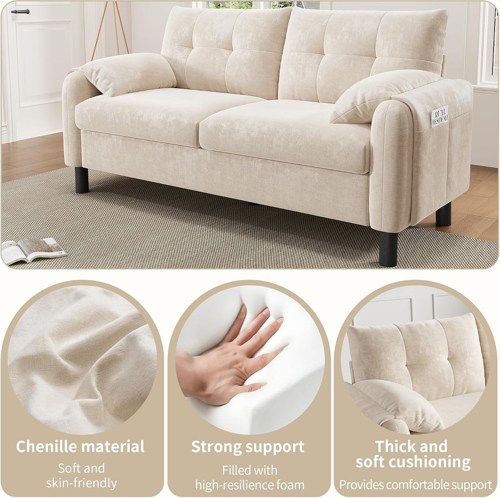 2 Seater Chenille Sofa Small Sofa with Soft Cushioned Seat Beige | Two Seater Sofa with Pillow‑Style Armrests and Side Storage Pocket, Loveseat for Small Living Rooms, Bedrooms and Apartments
