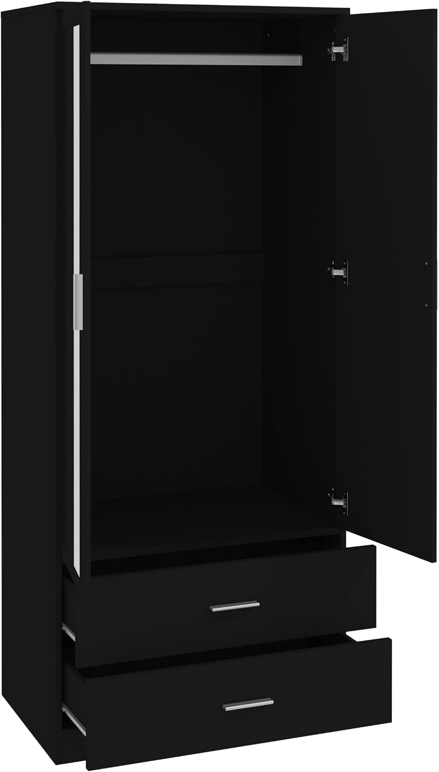 2 Door 2 Drawers Mirrored Wardrobe with Hanging Rail Wooden Clothes Storage Cupboards Unit for Bedroom Furniture 77 X 50 X 180 Cm (Black)