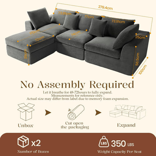 106" Modular Cloud Sectional Boneless Sofa with Movable Ottoman | Convertible L-Shaped Sectional Couches, Easy Assembly & Relocation for Living Room, Dark Gray