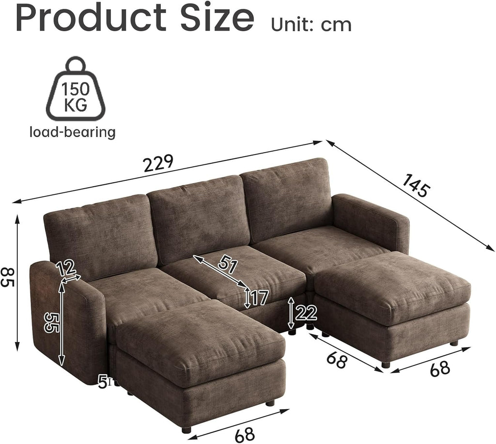 90.15" Large Modular Sectional Sofa, 5-Seater U-Shaped Couch with 2 Storage Ottoman, Deep Seat & Comfortable Upholstery, Wooden Frame for Apartment & Office, Brown