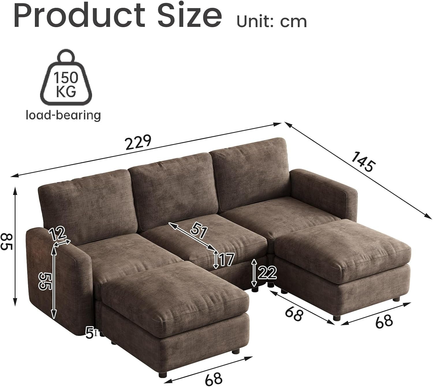 90.15" Large Modular Sectional Sofa, 5-Seater U-Shaped Couch with 2 Storage Ottoman, Deep Seat & Comfortable Upholstery, Wooden Frame for Apartment & Office, Brown