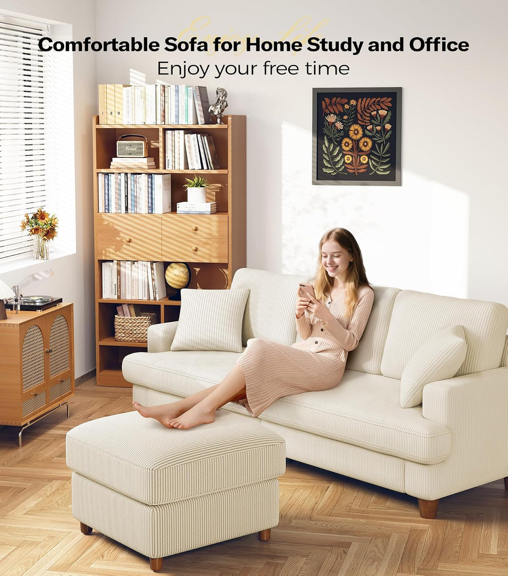 211CM 3 Seater Sofas, Corduroy Sofa No Tool Assembly, Oversized 2 Seater Sofa with 53CM Deep Seats, 3 Seater Sofa Couches & 2 Pillows, Sofa in a Box, Boho Sofas for Living Room, Beige Sofa