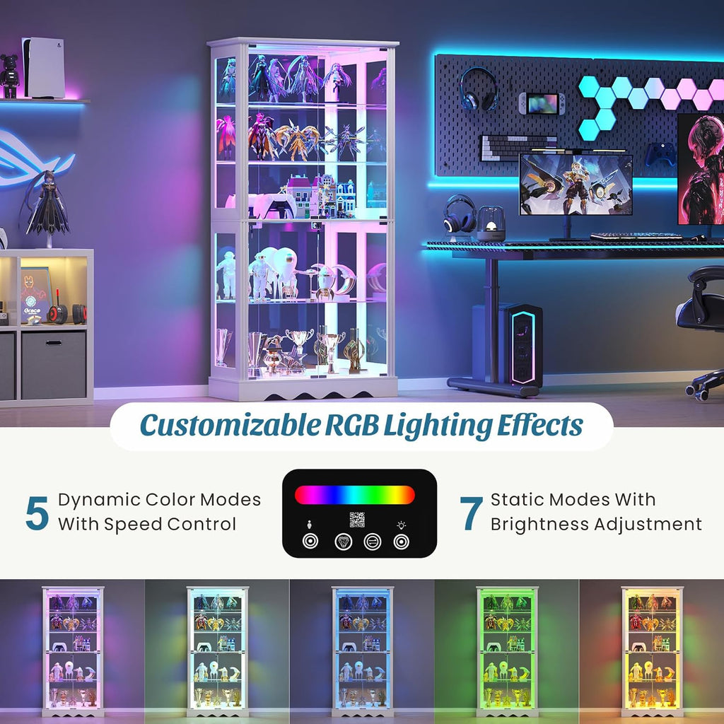 Glass Display Cabinet with Lock and RGB Lights, 5-Tier, White | Curio Display Case with Glass Doors, with Adjustable Shelf and Human Sensor Design, for Collectibles/ Toys/ Books