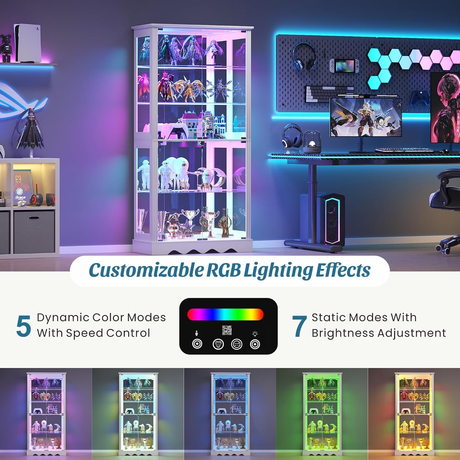 Glass Display Cabinet with Lock and RGB Lights, 5-Tier, White | Curio Display Case with Glass Doors, with Adjustable Shelf and Human Sensor Design, for Collectibles/ Toys/ Books