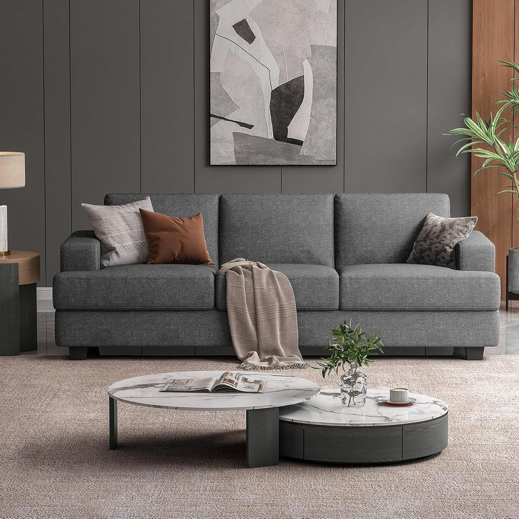 226CM Sofa Couch, 3 Seater Sofa with Suppleness Armrests, Linen Fabric Deep Seat Sofa with Upholstered Cushion& Backrests, Modern Comfy Couch for Living Room Apartment Office