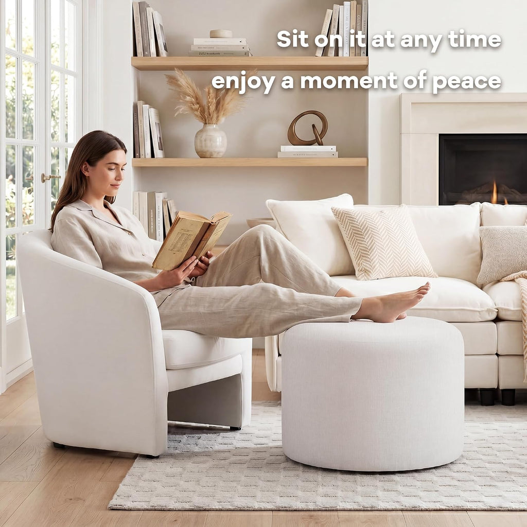 round Ottoman Foot Stool, Large Pouffe Footstool, White | Chenille Upholstered Foot Rest, Wood Frame, 57.5Cm Width, 120Kg Capacity, No Assembly Stool for Living Room Bedroom Hallway