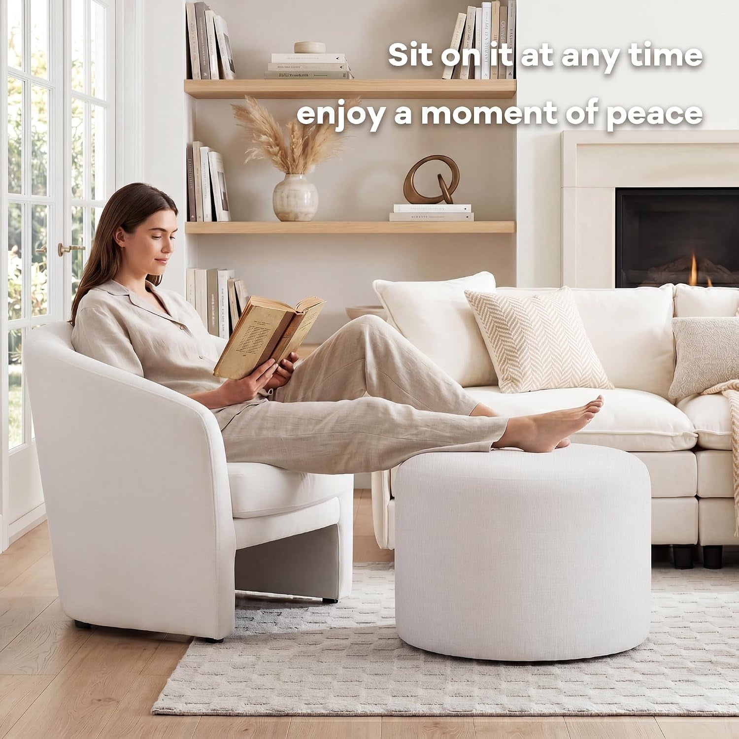 round Ottoman Foot Stool, Large Pouffe Footstool, White | Chenille Upholstered Foot Rest, Wood Frame, 57.5Cm Width, 120Kg Capacity, No Assembly Stool for Living Room Bedroom Hallway