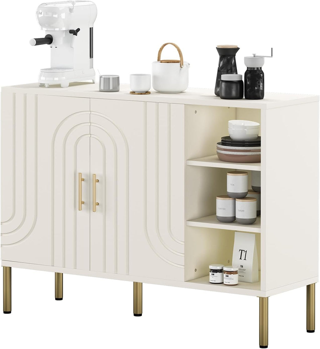 Sideboard with Curved Texture, Cream White, 110X35X82 Cm | Wooden Storage Cabinet with 2 Doors and 3 Tier Shelves, Kitchen Cupboard Storage, Buffet for Living Room Kitchen Hallway