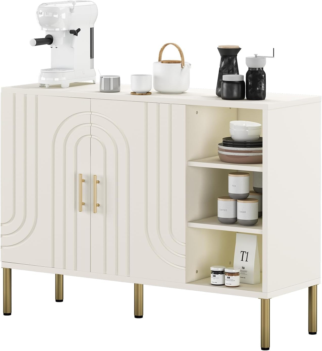 Sideboard with Curved Texture, Cream White, 110X35X82 Cm | Wooden Storage Cabinet with 2 Doors and 3 Tier Shelves, Kitchen Cupboard Storage, Buffet for Living Room Kitchen Hallway