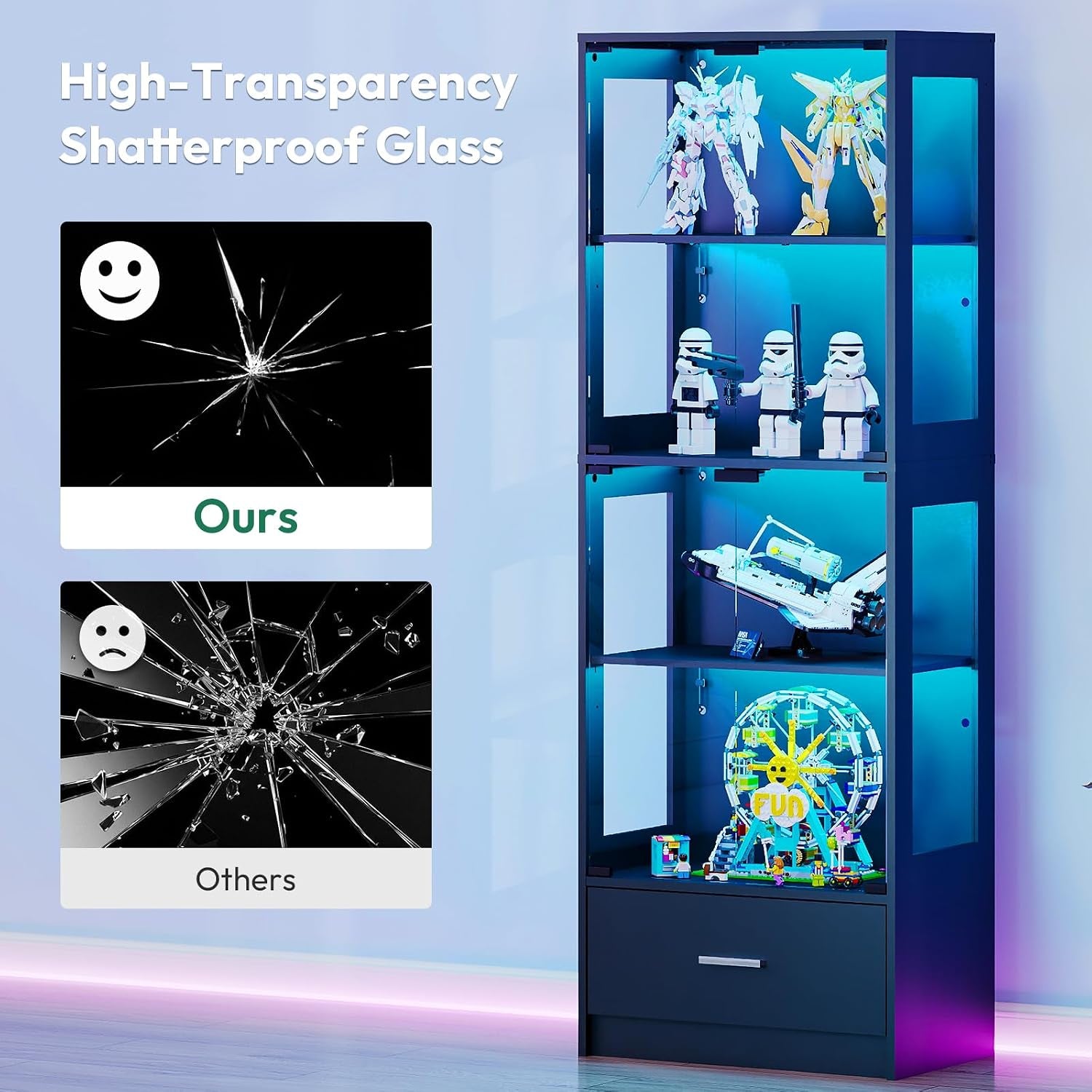 Glass Display Cabinets with LED Lights, App & Remote Control, Adjustable Shelves, Curio Cabinet for Collectables, Model Display Case Unit for Living Room, Black