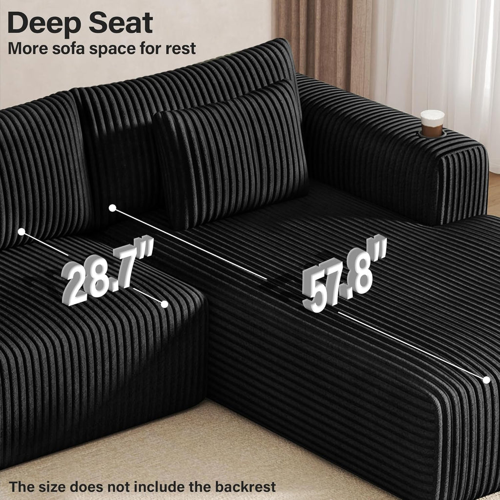 275Cm L-Shaped Sofa Boneless Modular Sectional Cloud Couch | 3-4 Seater, Corduroy Memory Foam,Cup Holder,No Assembly,Living Room & Bedroom