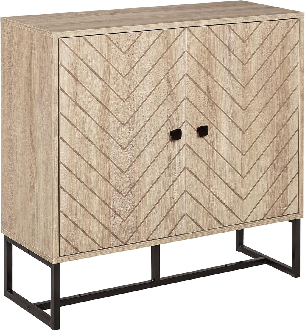 Sideboard Buffet Cabinet with Chevron Doors Metal Base Natural | Modern Accent Cabinet, Freestanding Storage Cupboard, Adjustable Shelf, Living Room, Dining Room