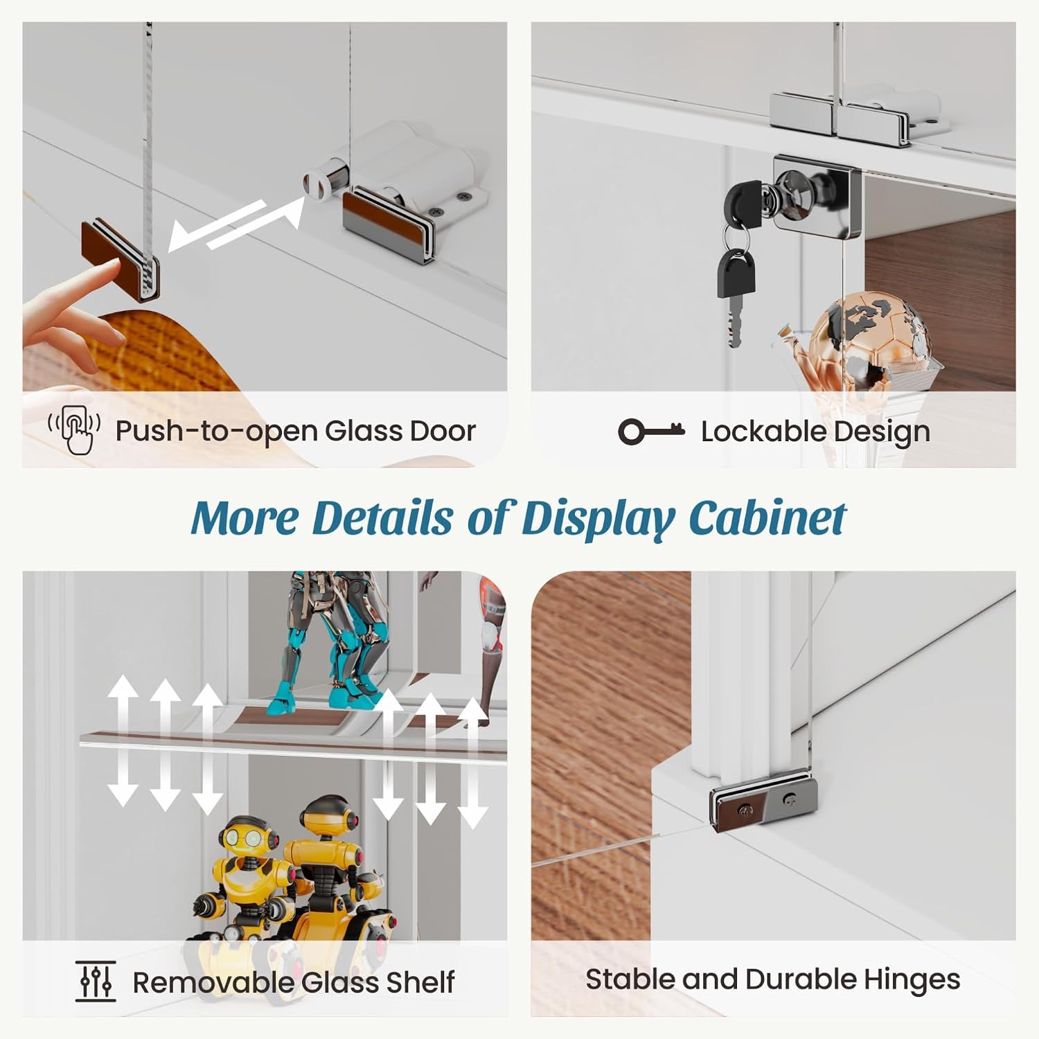 Glass Display Cabinet with Lock and RGB Lights, 5-Tier, White | Curio Display Case with Glass Doors, with Adjustable Shelf and Human Sensor Design, for Collectibles/ Toys/ Books