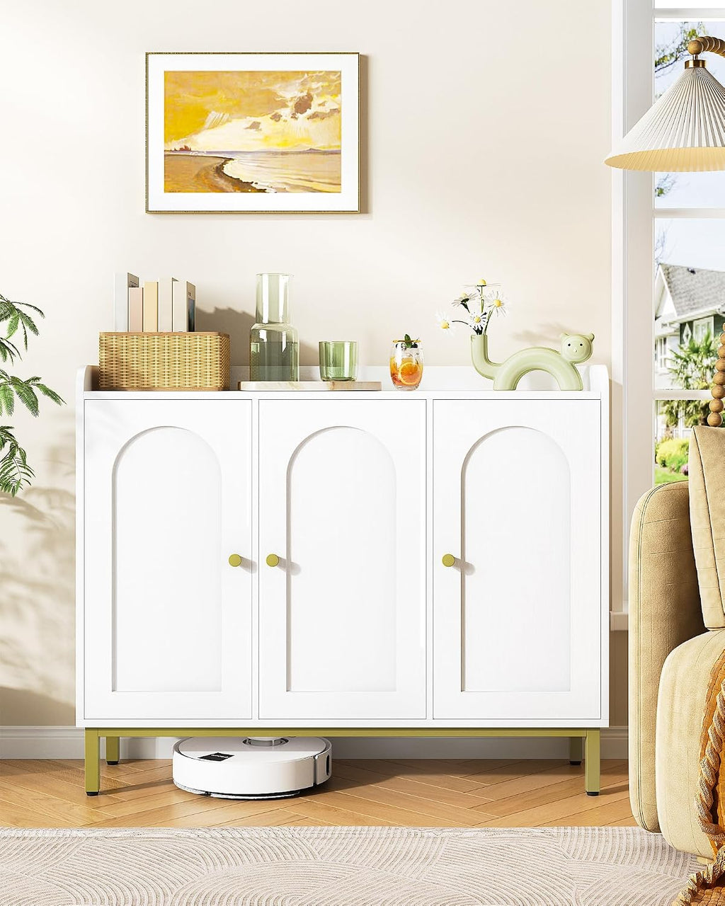 Sideboard Storage Cabinet, Kitchen Cabinets, 30 X 100 X 80.5 Cm | Freestanding Kitchen Cupboard Buffet with 2 Doors and Adjustable Shelves, for Dining Room, Living Room, White, SC21313G
