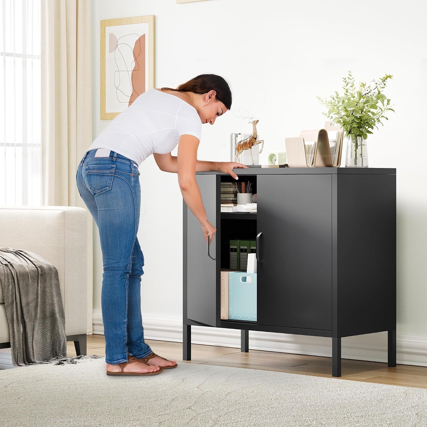 Metal Storage Cabinets with 2 Doors & 1 Adjustable Shelf, Floor Standing Sideboard Cupboard, Storage Cupboard for Home Office, Bedroom, Bathroom, Living Room, Black | Floor Standing Sideboard Cupboard 80X40X80Cm, Storage Cupboard for Home Office Bedroom Bathroom Living Room