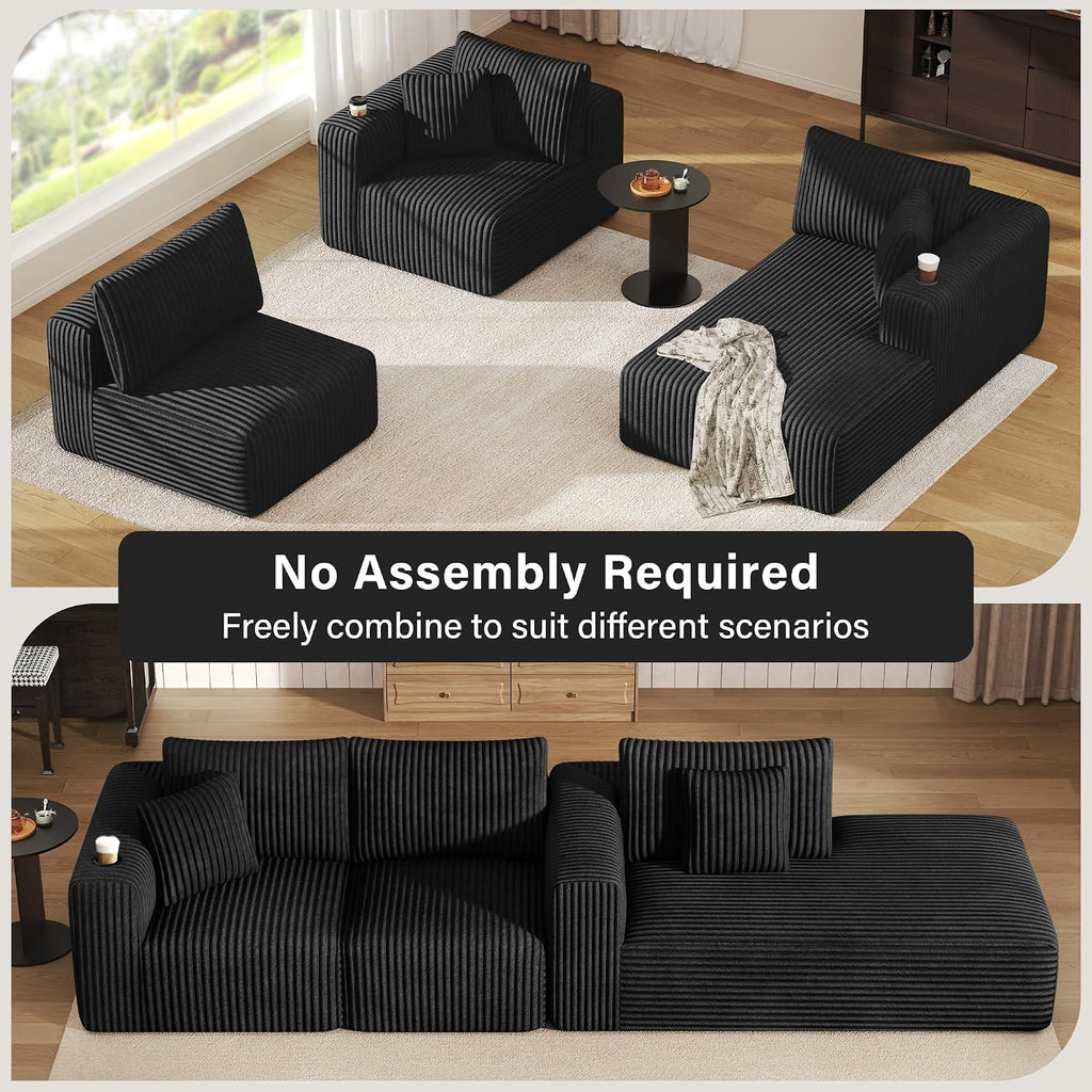 275Cm L-Shaped Sofa Boneless Modular Sectional Cloud Couch | 3-4 Seater, Corduroy Memory Foam,Cup Holder,No Assembly,Living Room & Bedroom