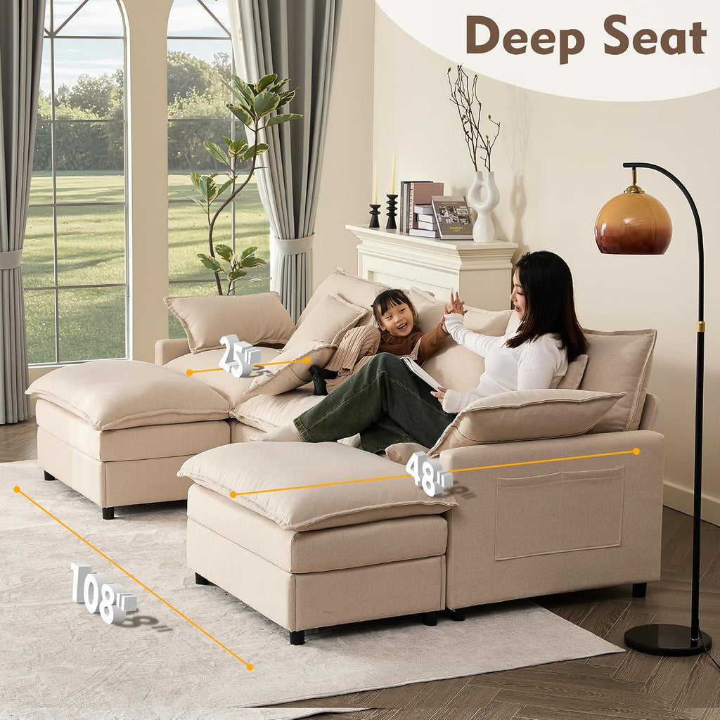 274 Cm U-Shaped Sofa, Linen Deep Seat Sofa Bed, Beige | Cloud Comfort, Deep Seat Design, Soft Chenille Upholstery, Machine-Washable Covers, Movable Ottoman