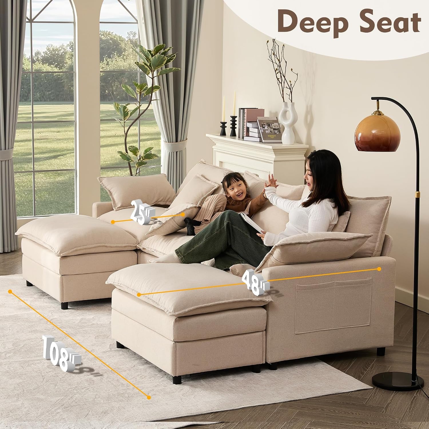 274 Cm U-Shaped Sofa, Linen Deep Seat Sofa Bed, Beige | Cloud Comfort, Deep Seat Design, Soft Chenille Upholstery, Machine-Washable Covers, Movable Ottoman
