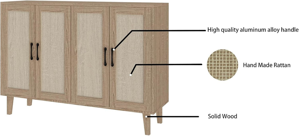 Buffet Storage Cabinet with Rattan Decorating Living Room Wood Kitchen Sideboard Accent Cabinet (Natural Wood, 123(W) X 38(D) X 88(H))