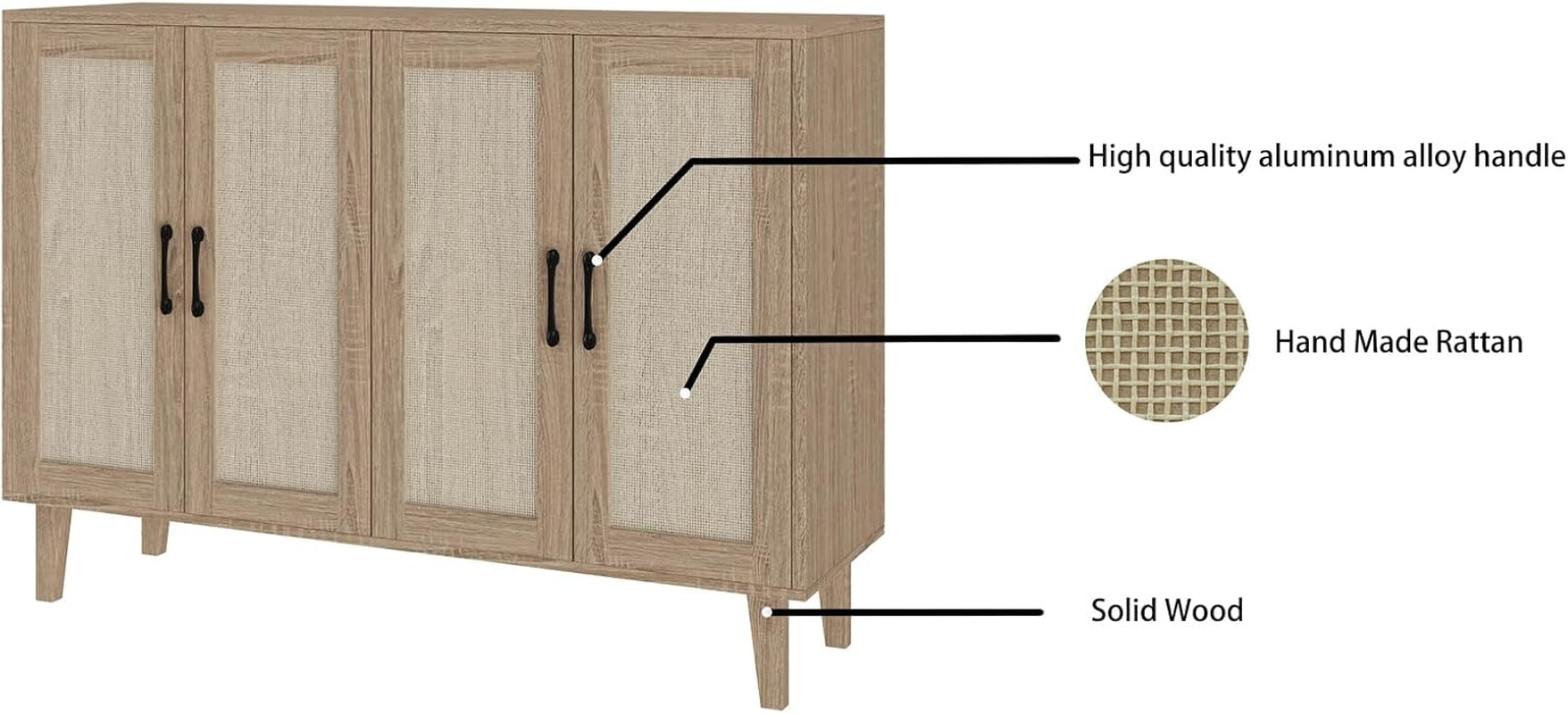 Buffet Storage Cabinet with Rattan Decorating Living Room Wood Kitchen Sideboard Accent Cabinet (Natural Wood, 123(W) X 38(D) X 88(H))