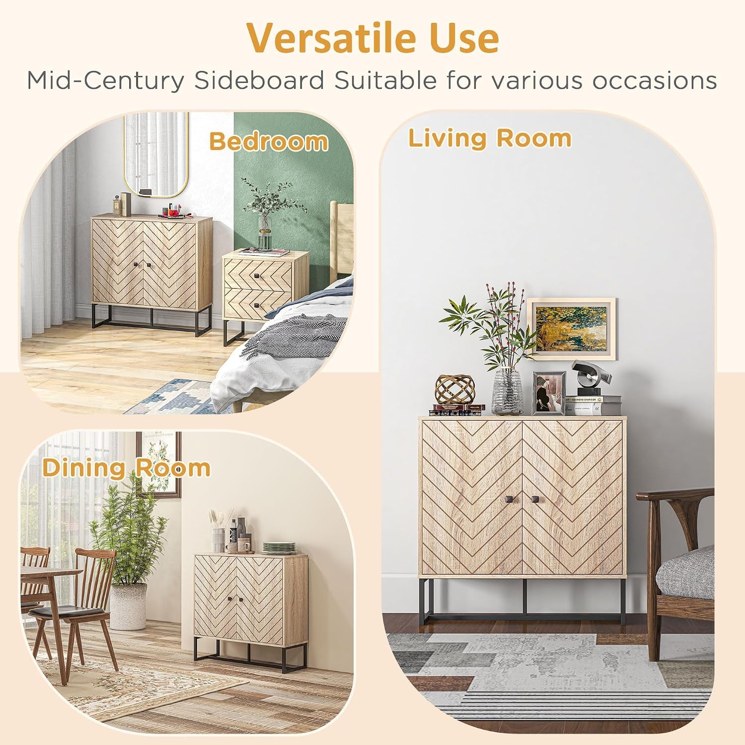 Sideboard Buffet Cabinet with Chevron Doors Metal Base Natural | Modern Accent Cabinet, Freestanding Storage Cupboard, Adjustable Shelf, Living Room, Dining Room