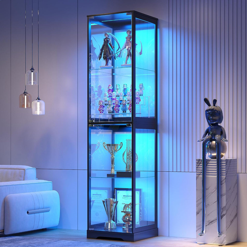 Glass Display Cabinet with LED Lights, 165CM Tall, Black | 3-Color Lights, 4-Tier Storage Shelf, Space-Saving, for Collectibles/Toys/Books, for Living Room