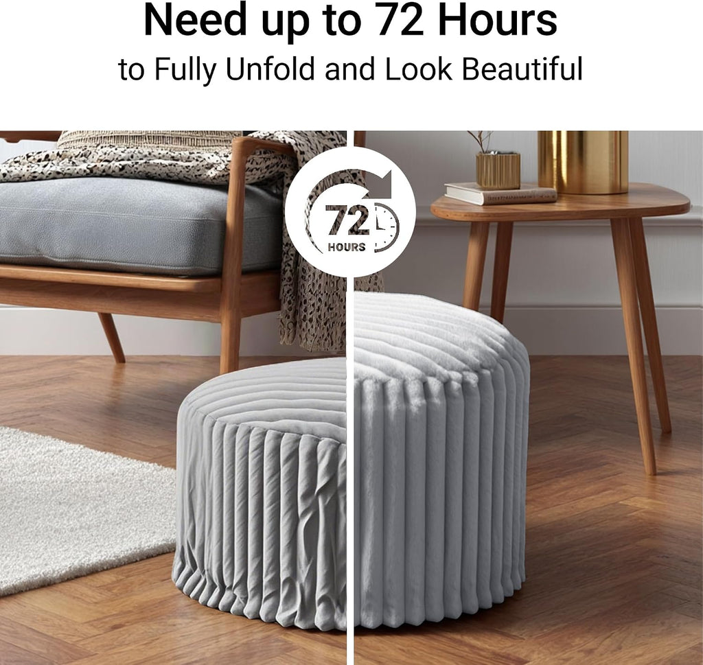 Round Footstool Bean Bag, Faux Fur Pouffe, Grey | Pouf with Foam Chunk Filling, Ottoman Stuffed round for Foot Rest, Dressing Table Stool, 38X50 Cm Footstool for Living Room