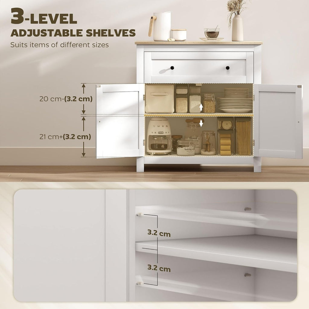 Sideboard Storage Cabinet with Drawer and Double Doors White | Modern Kitchen Cupboard, Adjustable Shelf, Sideboard for Living Room, Dining Room, Hallway