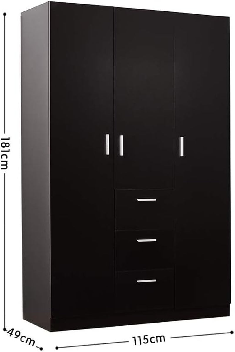 Wooden 3 Doors 3 Drawers Wardrobes with Hanging Rail and Storage Shelves Modern Large Clothes Cupboards Unit for Bedroom Furniture (Black)