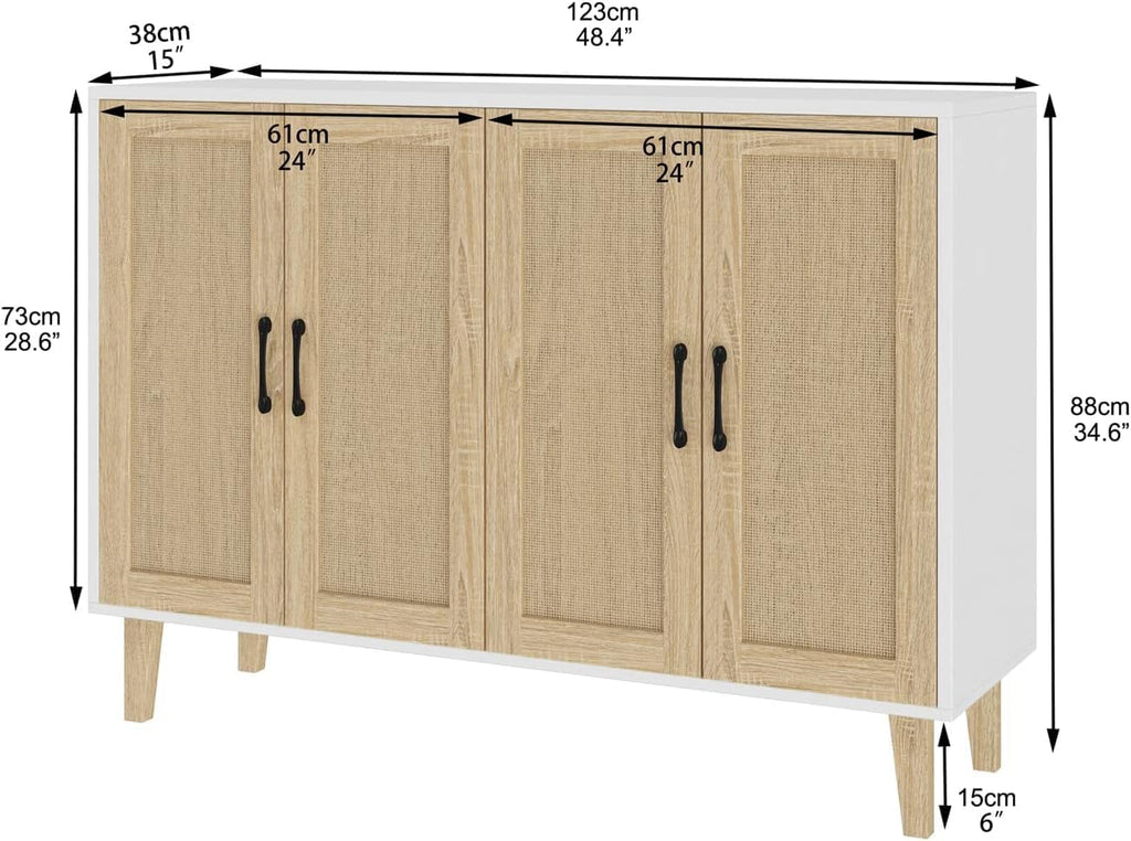 Buffet Storage Cabinet with Rattan Decorating Living Room Wood Kitchen Sideboard Accent Cabinet (White, 123(W) X 38(D) X 88(H))